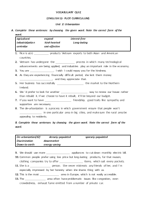 Bài tập môn Tiếng Anh Lớp 1 - Unit 2 Urbanization